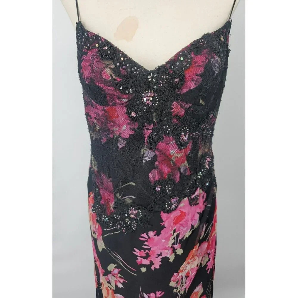 Ricki Freeman Teri Jon Silk Floral Sequin Beaded Halter Maxi Dress Sz 12 - Picture 6 of 16